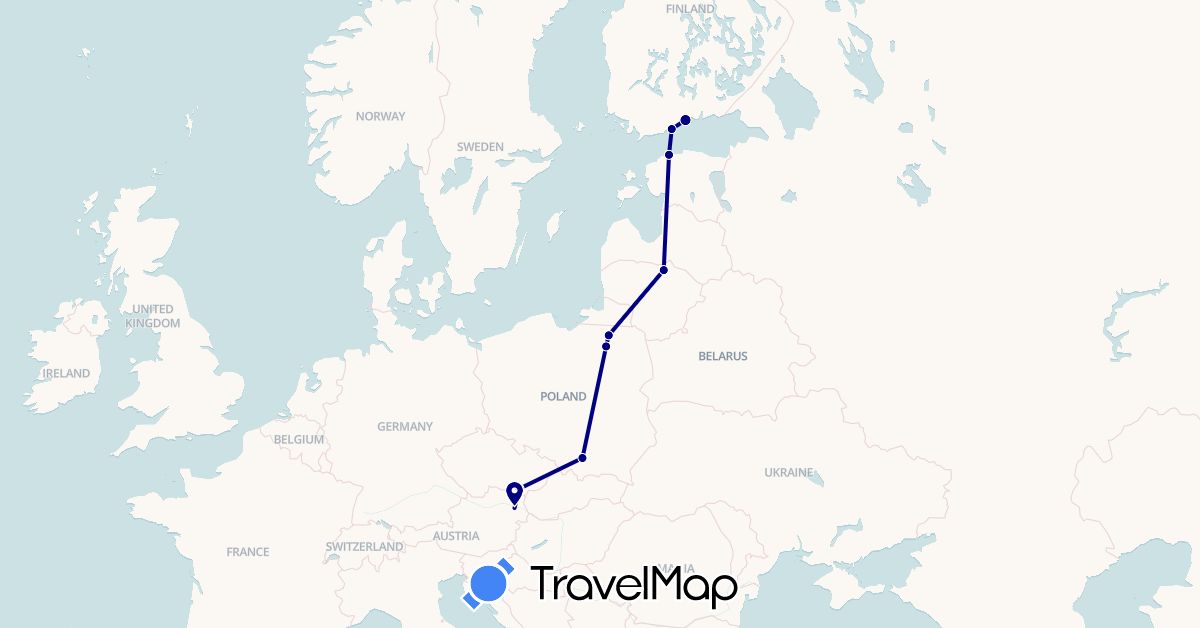 TravelMap itinerary: driving in Austria, Czech Republic, Estonia, Finland, Lithuania, Poland (Europe)